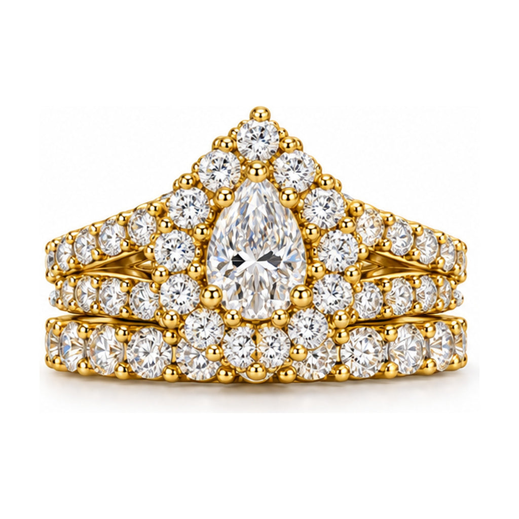 Pear Double Halo Split Shank Bridal Ring Set, 0.50 ct front view