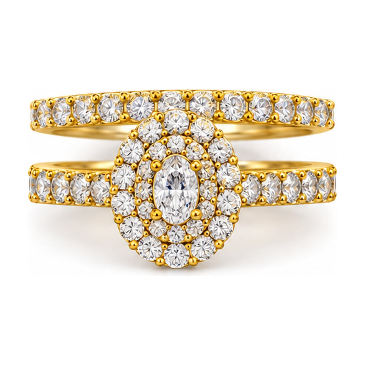 Oval Double Halo Pavé Bridal Ring Set, 0.25 ct front view