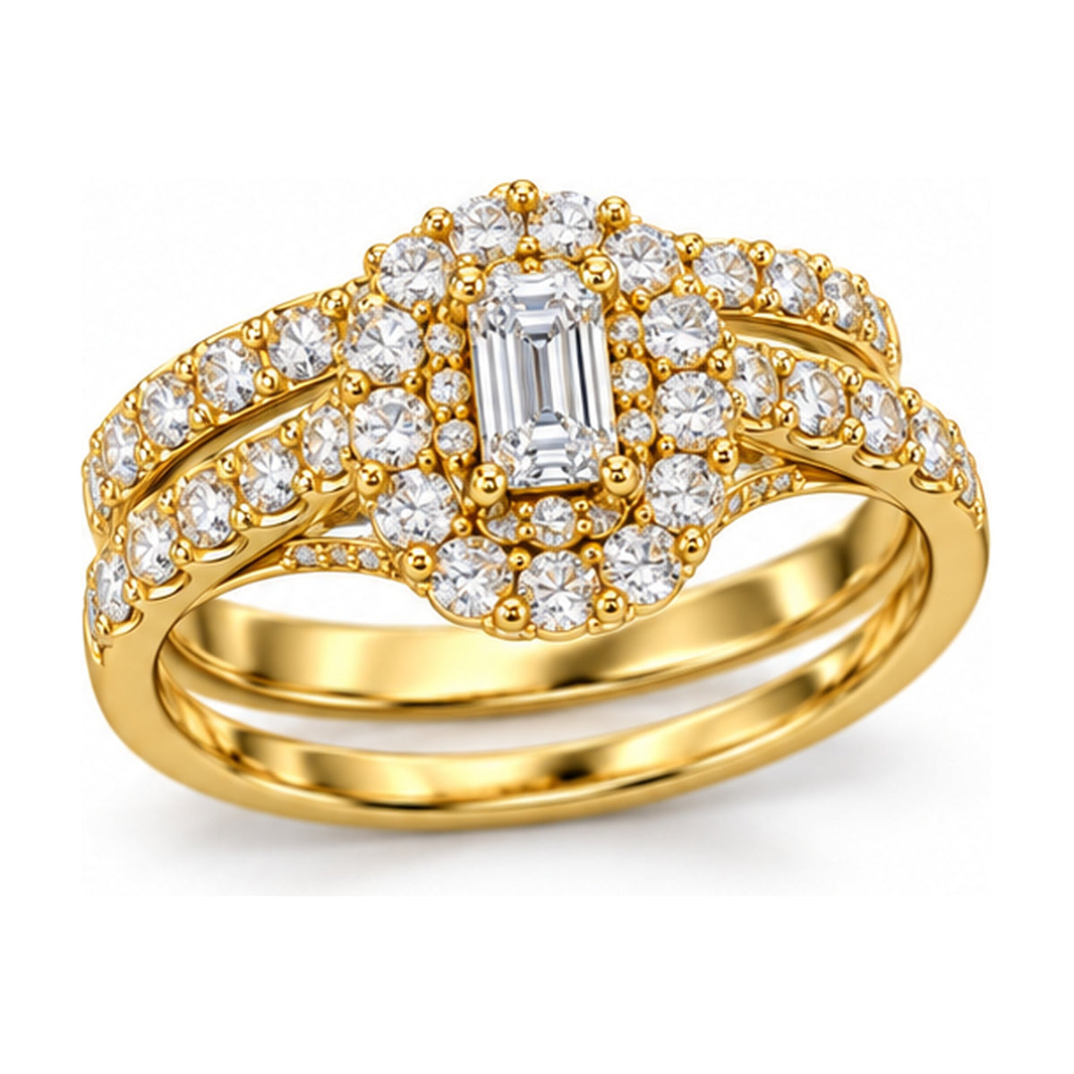 Emerald Cut Double Halo Pavé Bridal Ring Set, 0.25 ct angle view