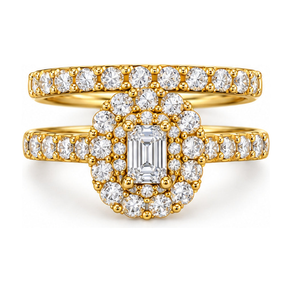Emerald Cut Double Halo Pavé Bridal Ring Set, 0.25 ct front view