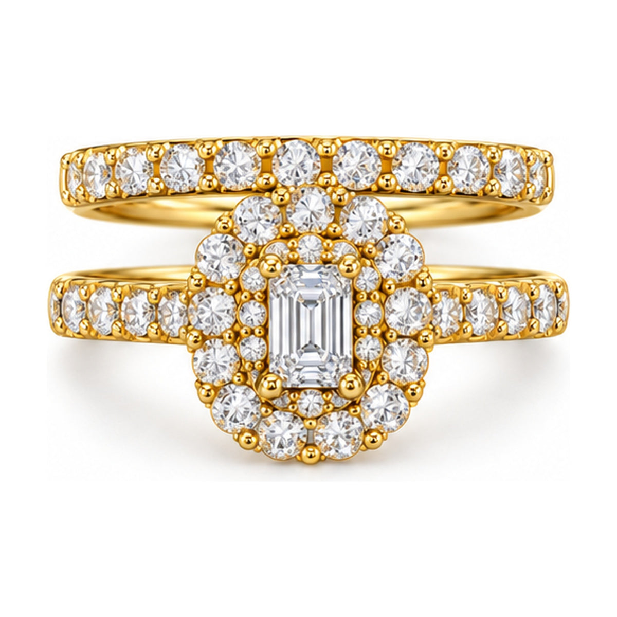 Emerald Cut Double Halo Pavé Bridal Ring Set, 0.25 ct front view