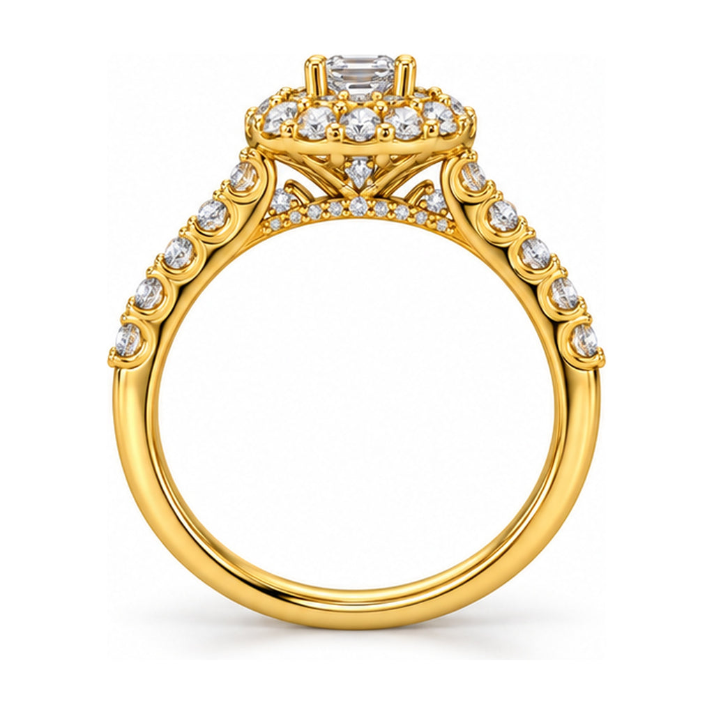 Emerald Cut Double Halo Pavé Bridal Ring Set, 0.25 ct side view
