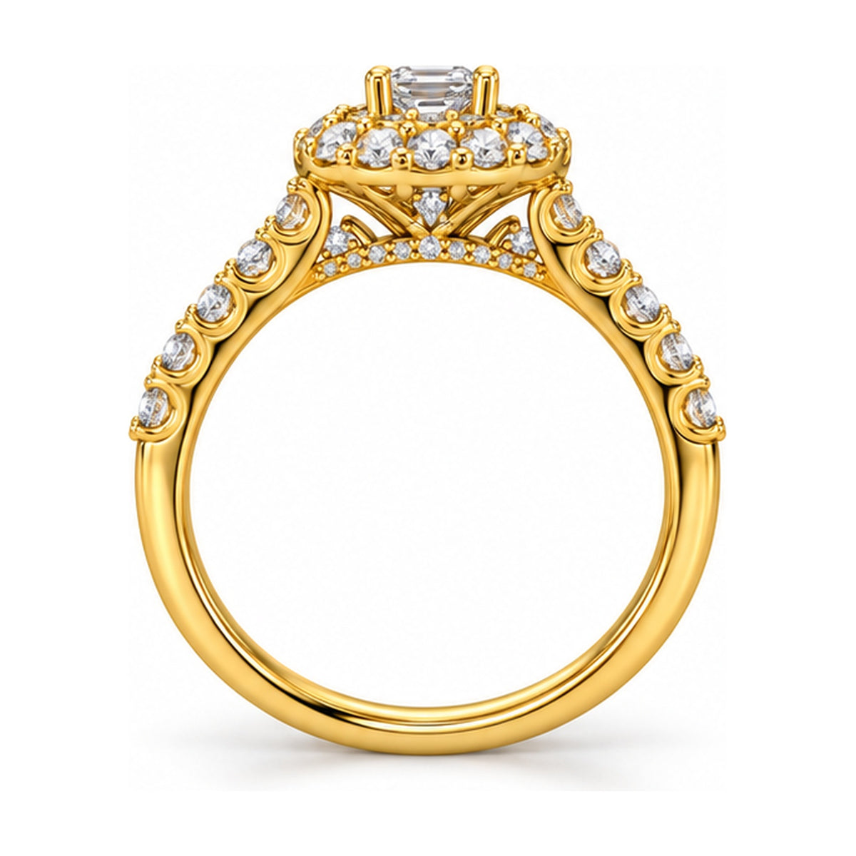 Emerald Cut Double Halo Pavé Bridal Ring Set, 0.25 ct side view
