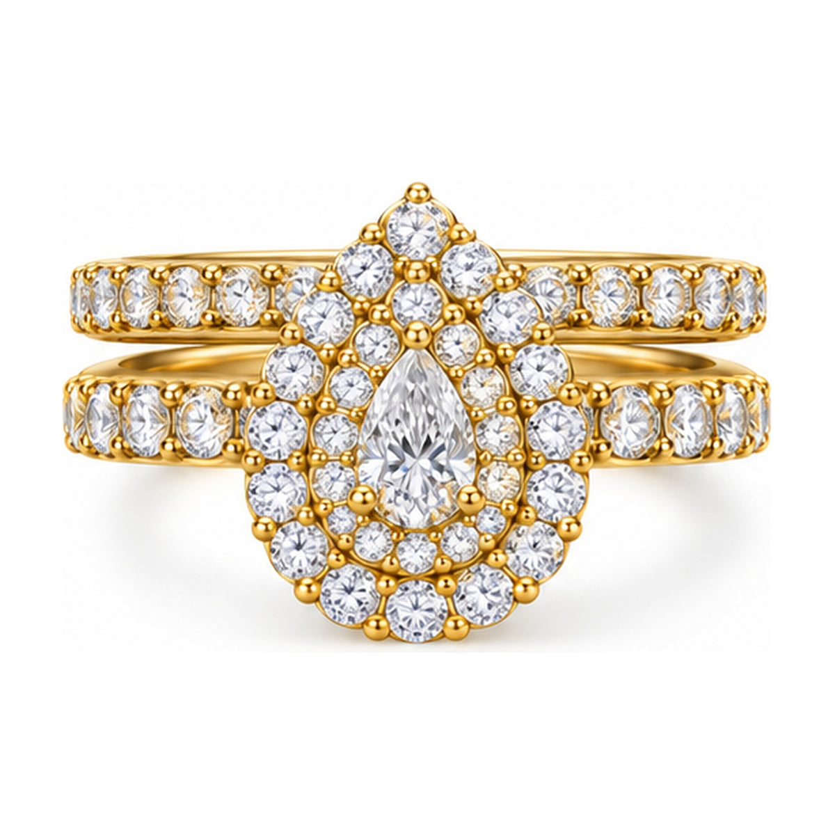 Pear Double Halo Pavé Bridal Ring Set, 0.25 ct front view