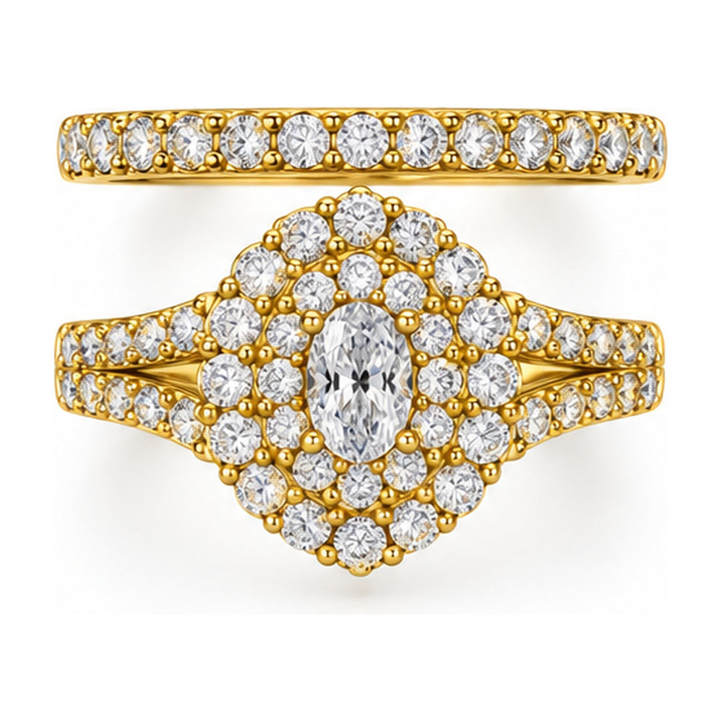Oval Double Halo Split Shank Bridal Ring Set, 0.25 ct front view