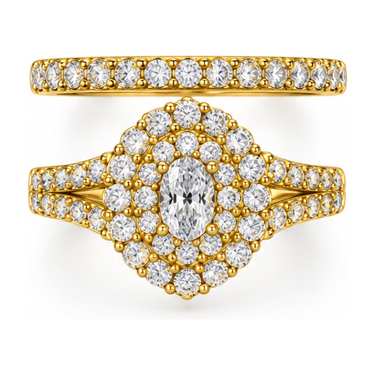 Oval Double Halo Split Shank Bridal Ring Set, 0.25 ct front view