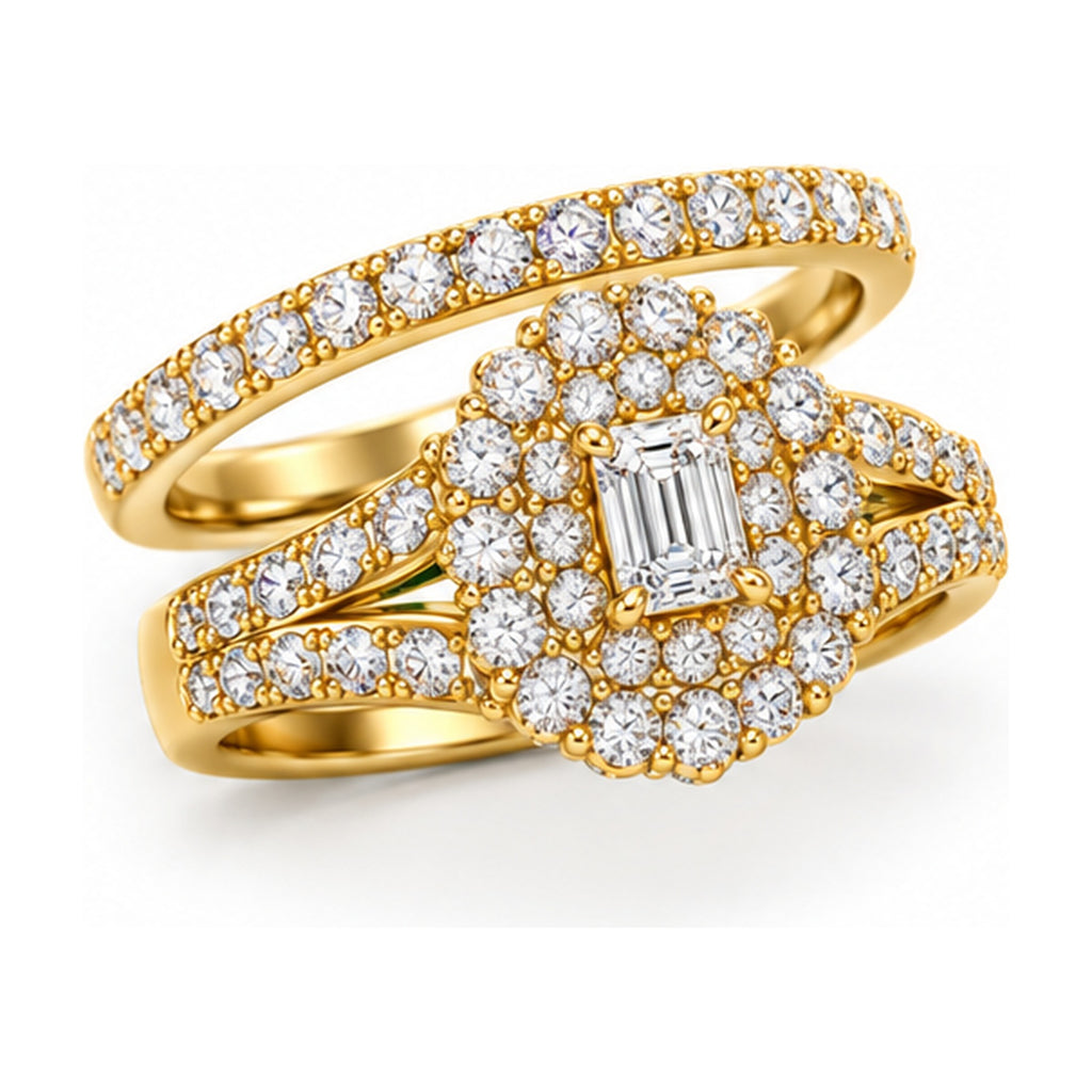 Emerald Cut Double Halo Split Shank Bridal Ring Set, 0.25 ct angle view