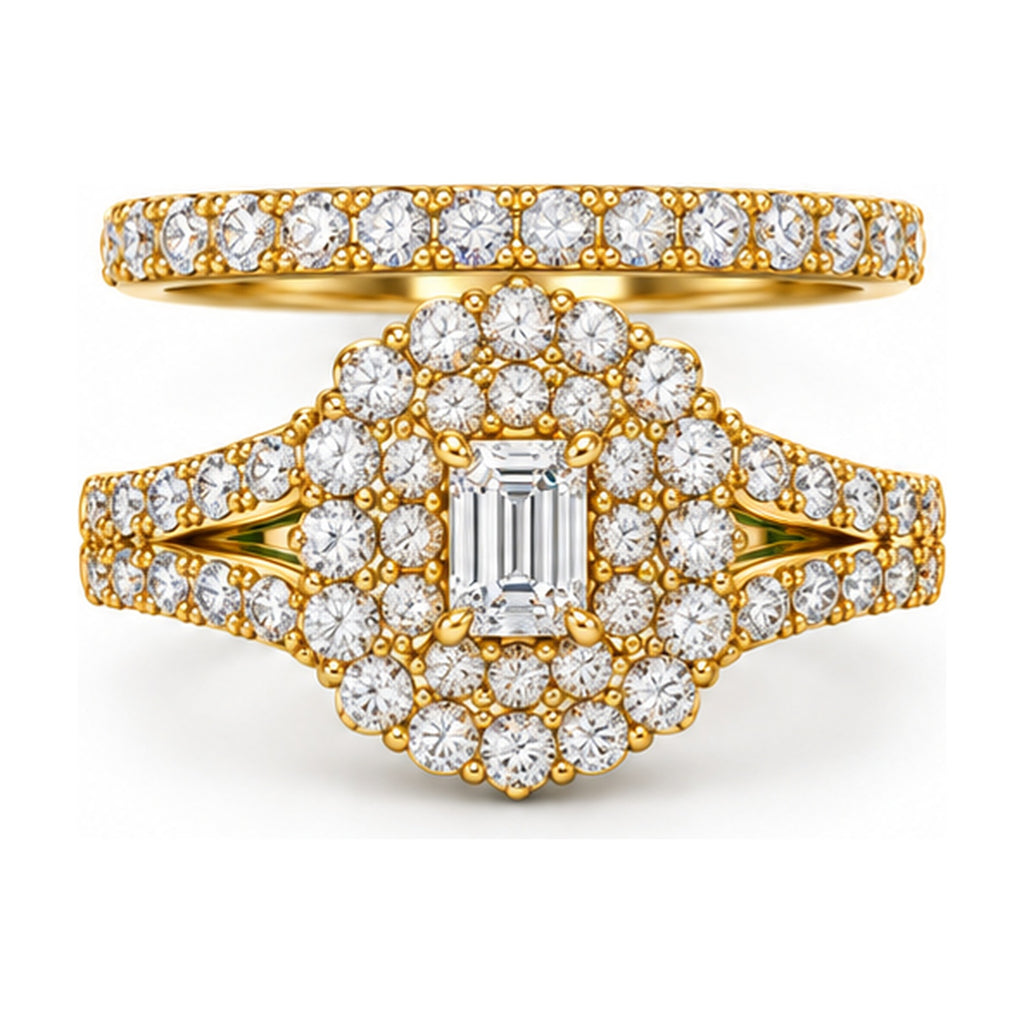 Emerald Cut Double Halo Split Shank Bridal Ring Set, 0.25 ct front view