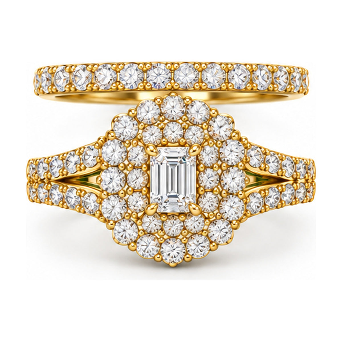 Emerald Cut Double Halo Split Shank Bridal Ring Set, 0.25 ct front view