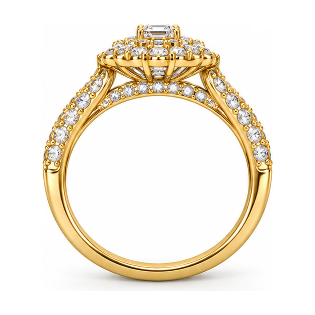 Emerald Cut Double Halo Split Shank Bridal Ring Set, 0.25 ct side view