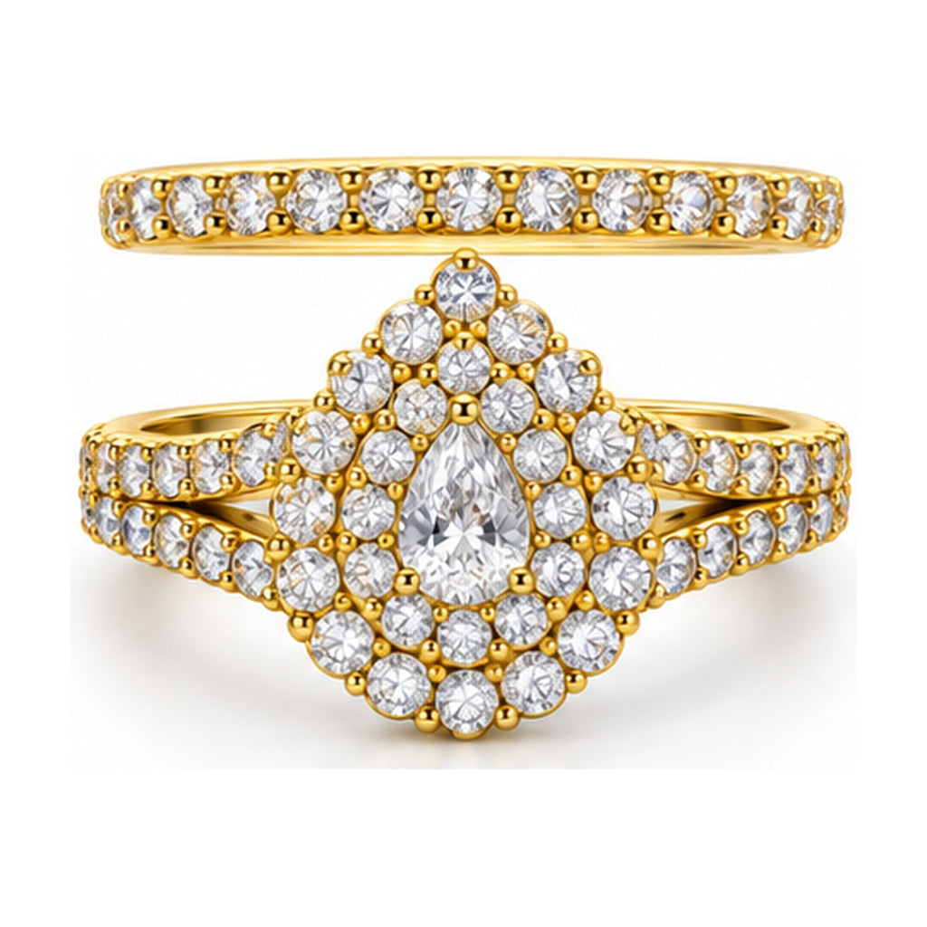 Pear Double Halo Split Shank Bridal Ring Set, 0.25 ct front view