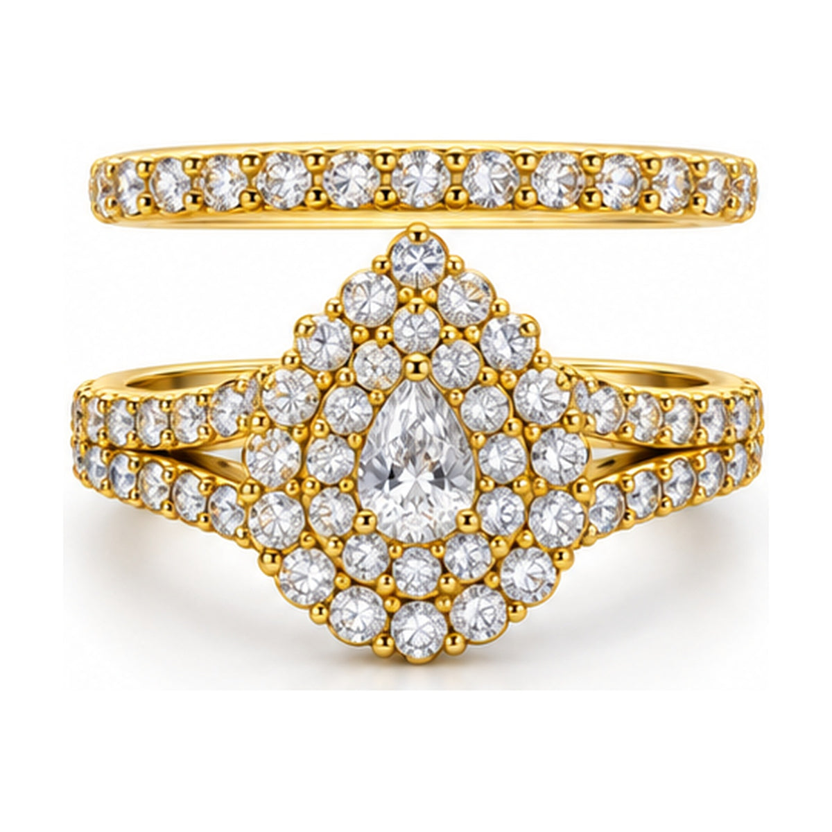 Pear Double Halo Split Shank Bridal Ring Set, 0.25 ct front view
