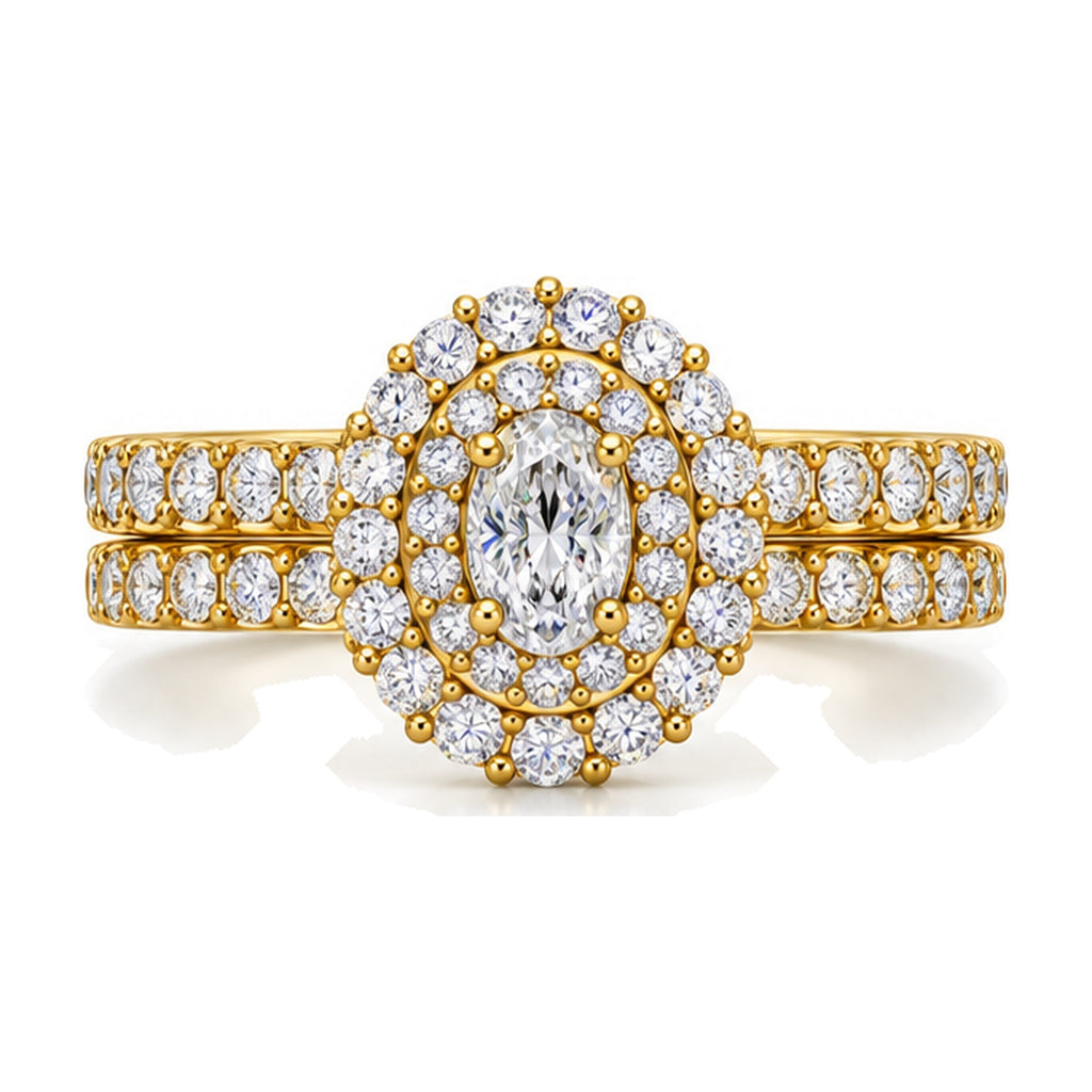 Oval Double Halo Pavé Bridal Ring Set, 0.33 ct front view