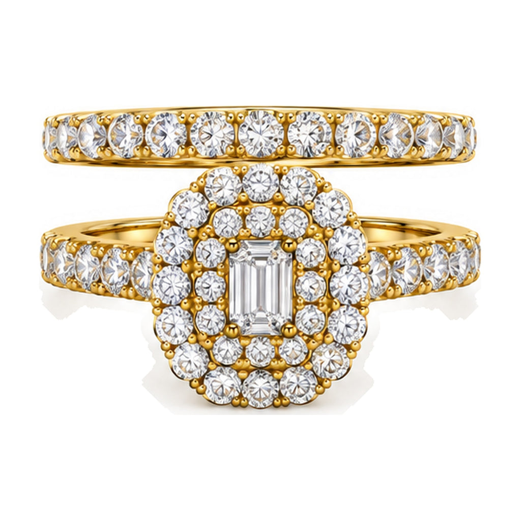 Emerald Cut Double Halo Pavé Bridal Ring Set, 0.33 ct front view