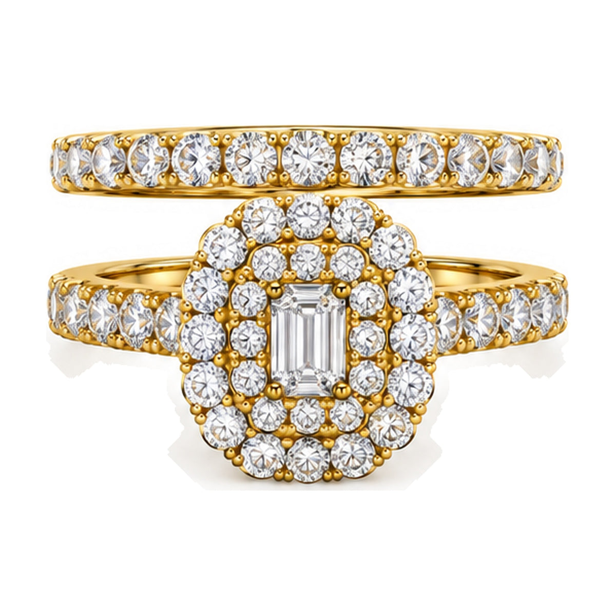 Emerald Cut Double Halo Pavé Bridal Ring Set, 0.33 ct front view