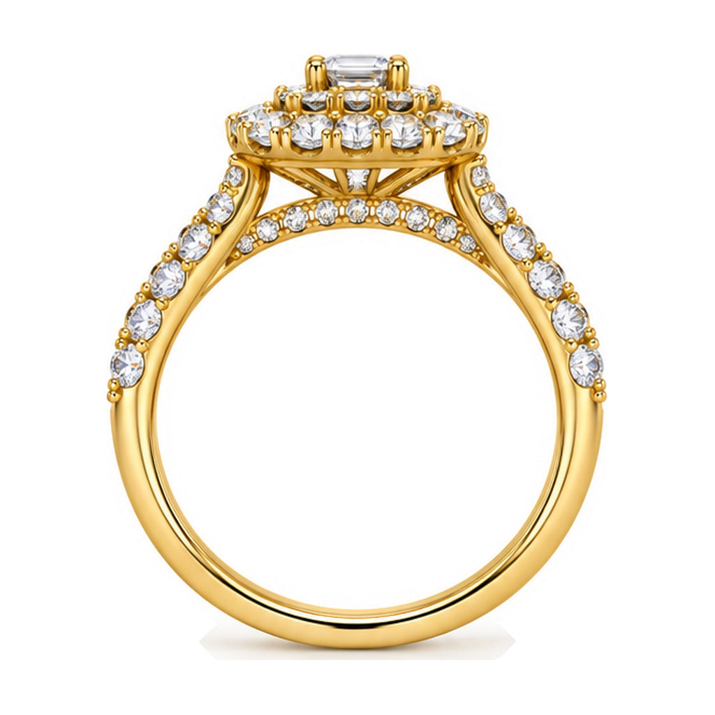 Emerald Cut Double Halo Pavé Bridal Ring Set, 0.33 ct side view