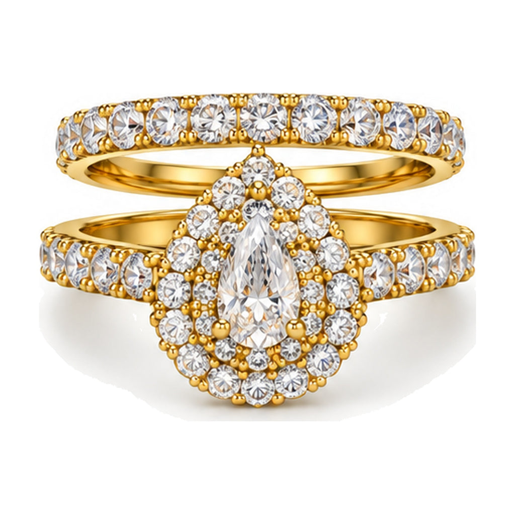 Pear Double Halo Pavé Bridal Ring Set, 0.33 ct front view