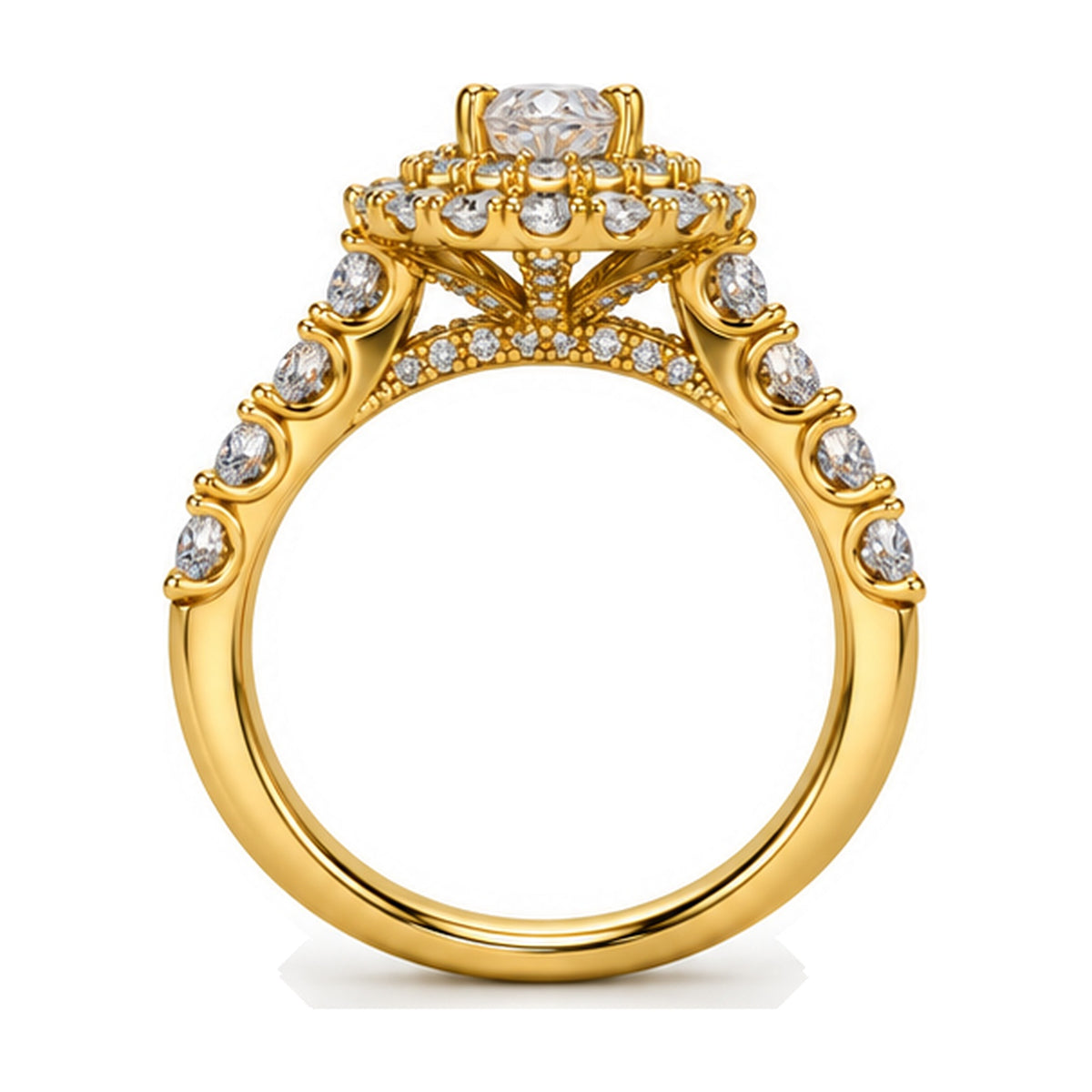 Pear Double Halo Pavé Bridal Ring Set, 0.33 ct side view