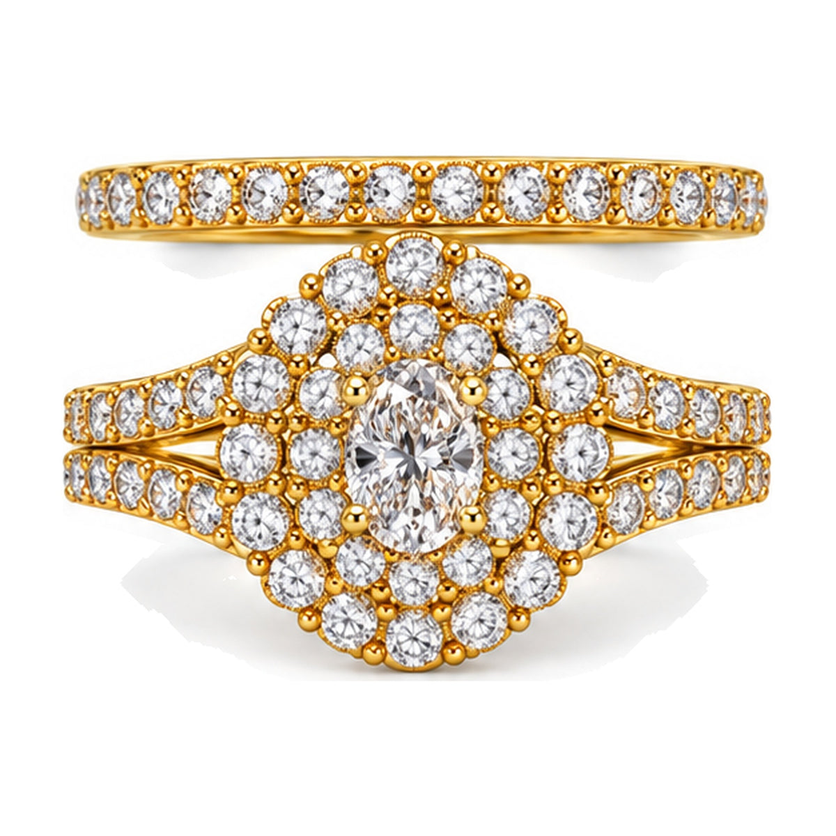 Oval Double Halo Split Shank Bridal Ring Set, 0.33 ct front view