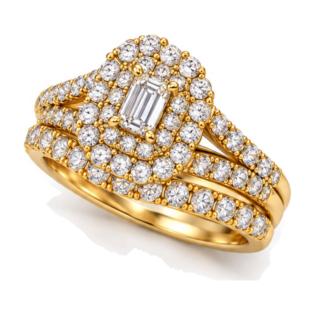Emerald Cut Double Halo Split Shank Bridal Ring Set, 0.33 ct angle view