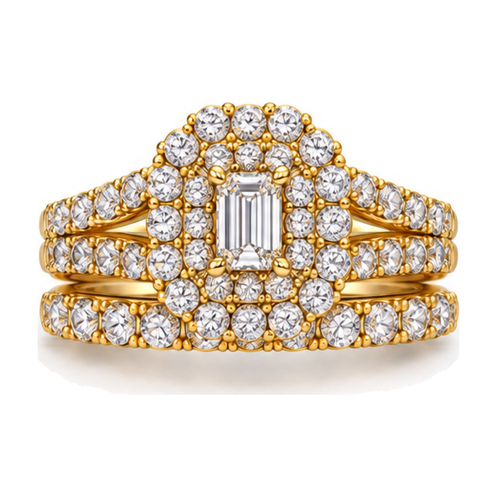 Emerald Cut Double Halo Split Shank Bridal Ring Set, 0.33 ct front view