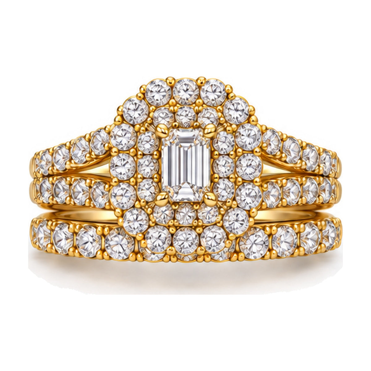Emerald Cut Double Halo Split Shank Bridal Ring Set, 0.33 ct front view