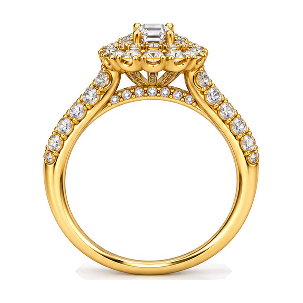Emerald Cut Double Halo Split Shank Bridal Ring Set, 0.33 ct side view