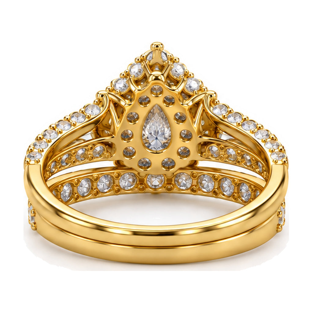 Pear Double Halo Split Shank Bridal Ring Set, 0.33 ct back view
