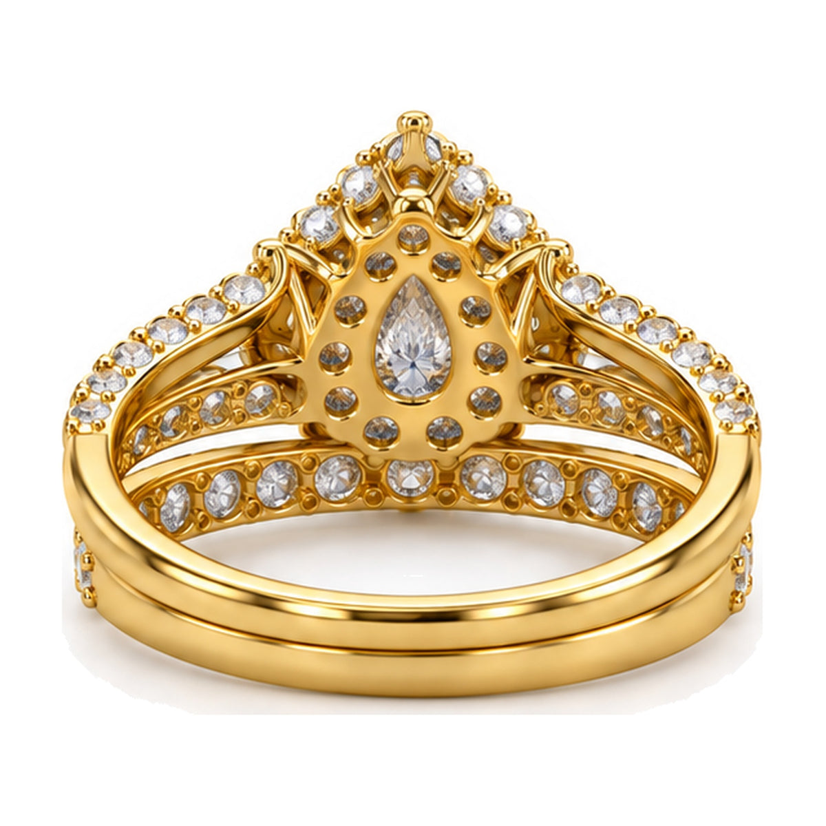 Pear Double Halo Split Shank Bridal Ring Set, 0.33 ct back view