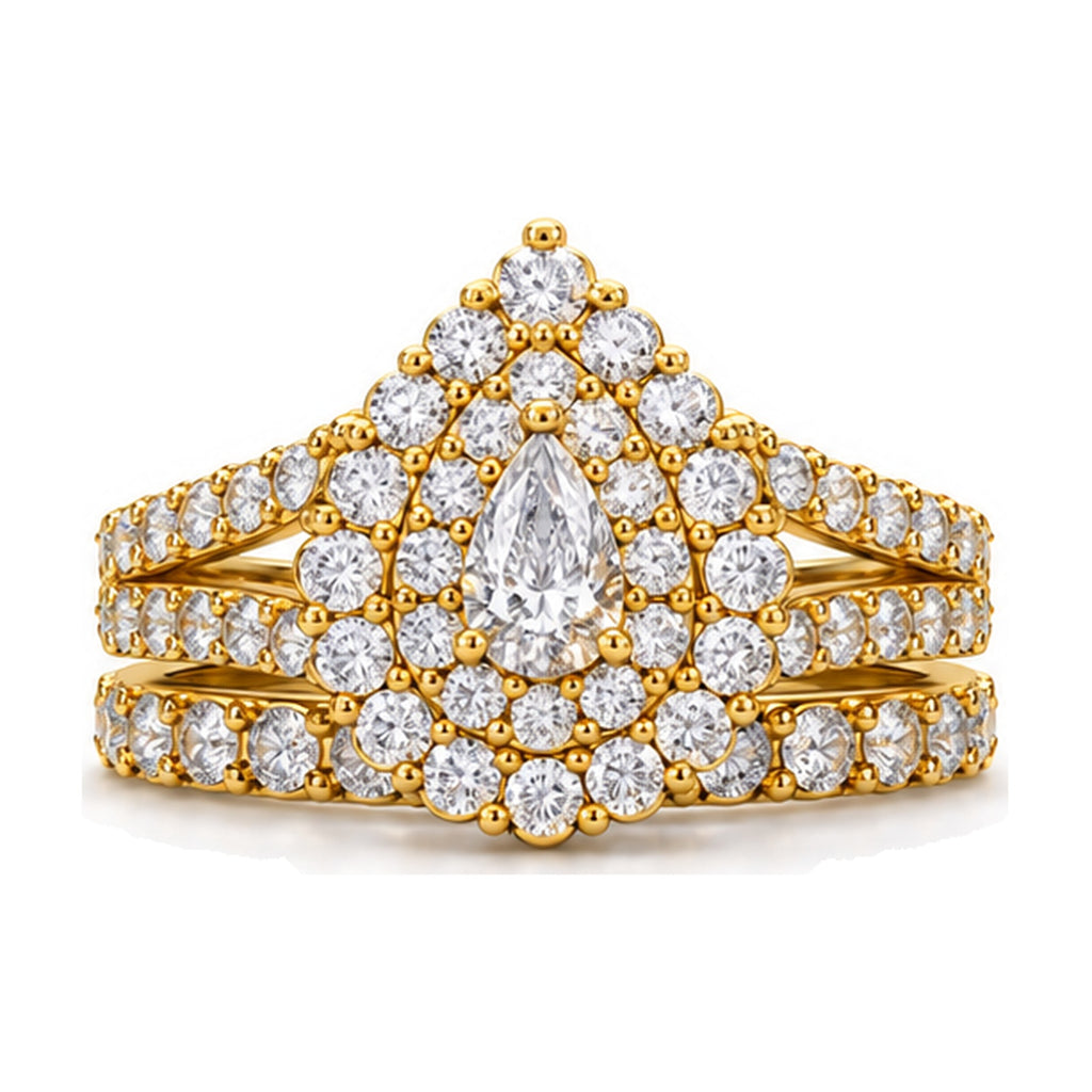 Pear Double Halo Split Shank Bridal Ring Set, 0.33 ct front view