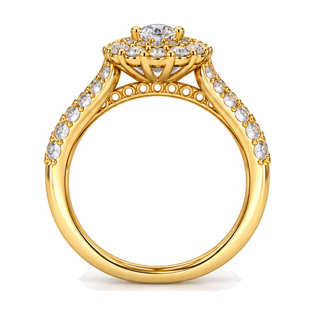 Pear Double Halo Split Shank Bridal Ring Set, 0.33 ct side view