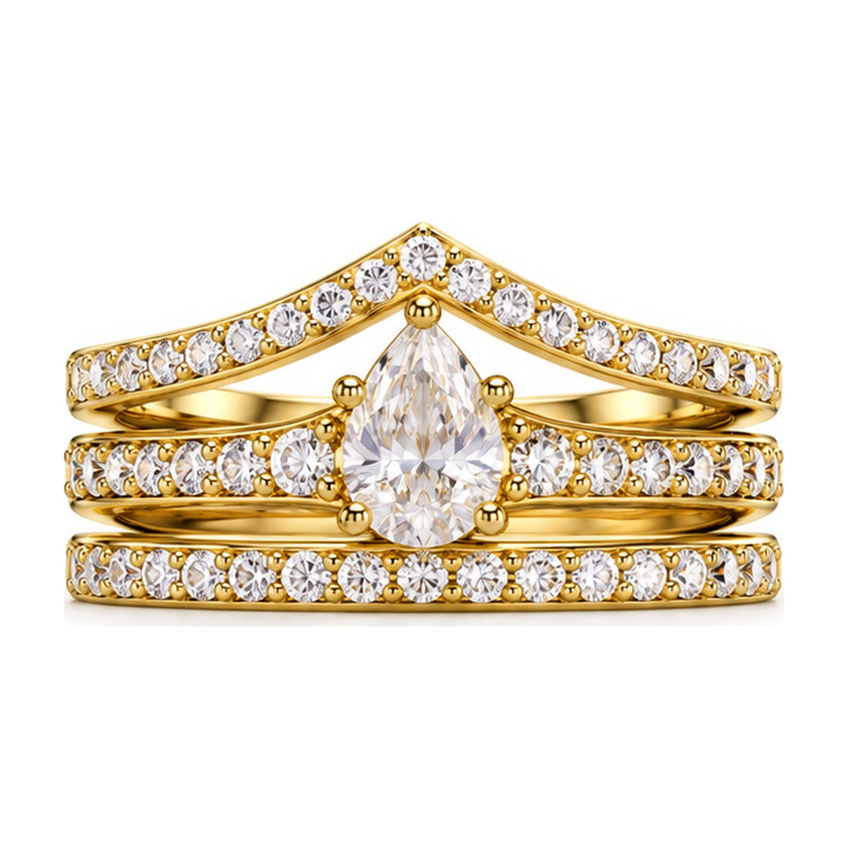 Pear Tiara Pavé Bridal Trio Set, 0.63 ct front view