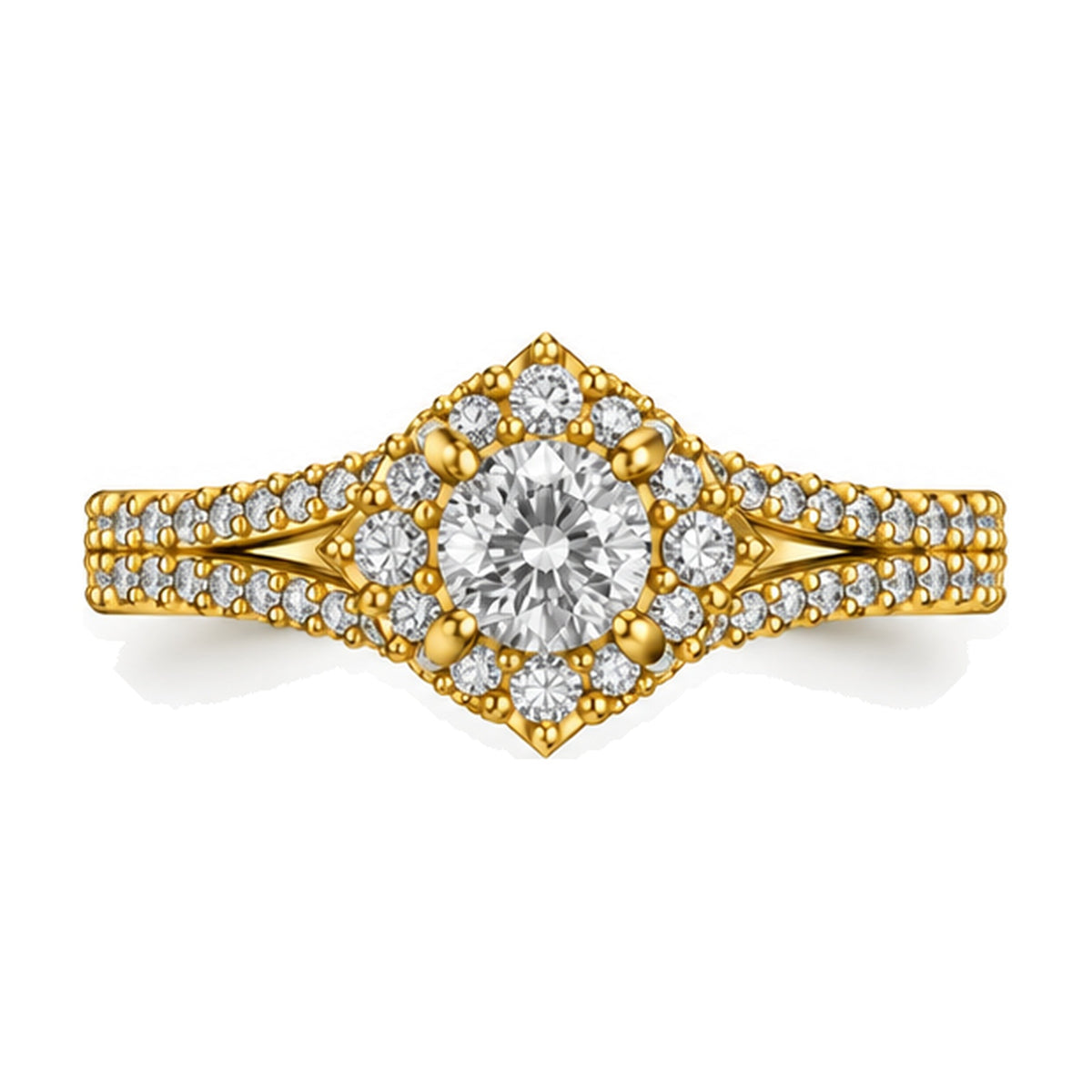 Round Shield Halo Split Shank Engagement Ring, 0.63 ct front view