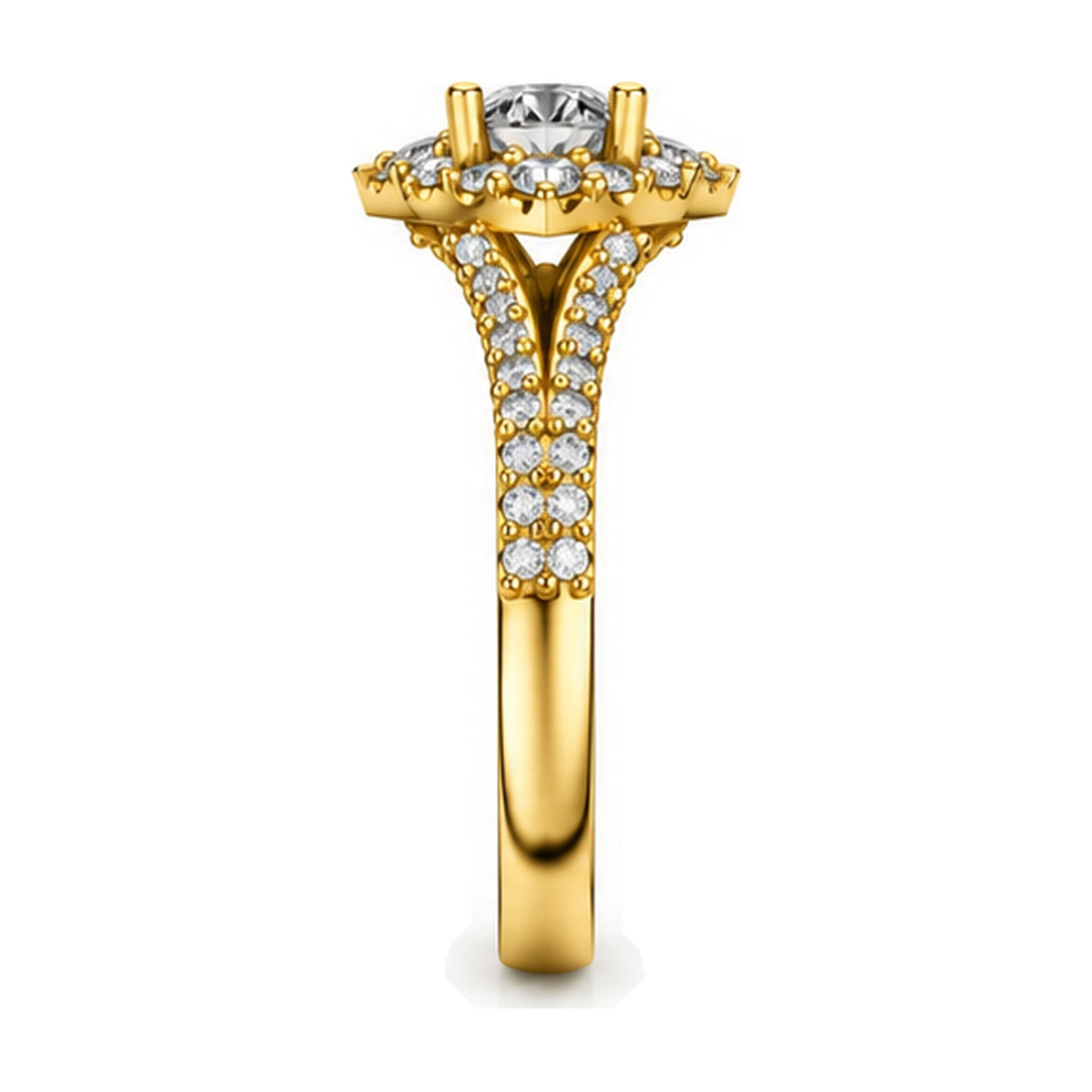 Round Shield Halo Split Shank Engagement Ring, 0.63 ct side view