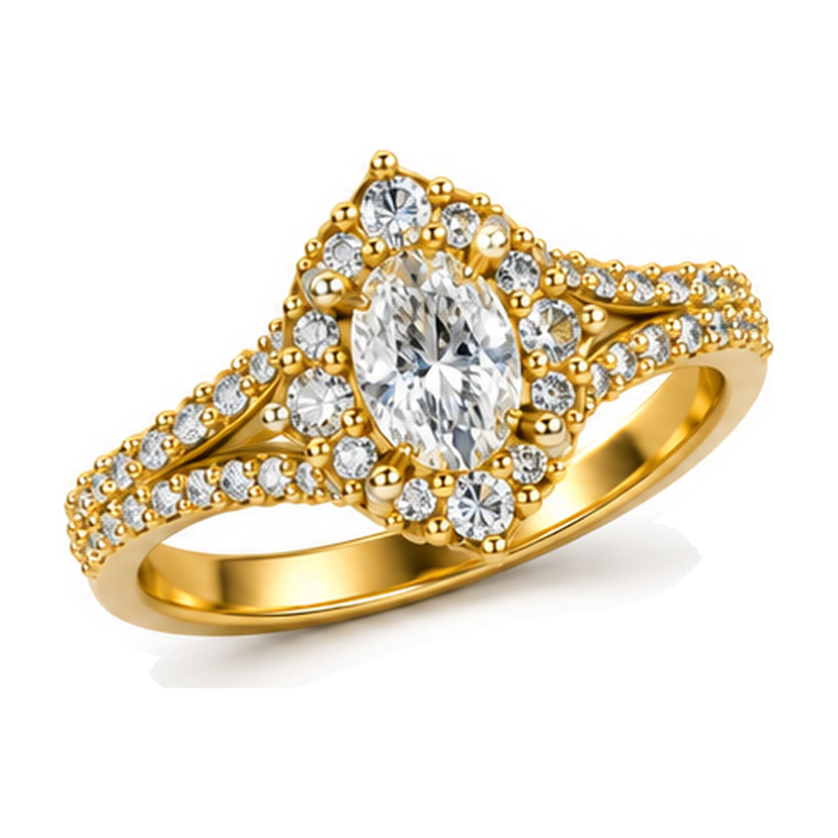 Oval Shield Halo Split Shank Engagement Ring, 0.63 ct angle view