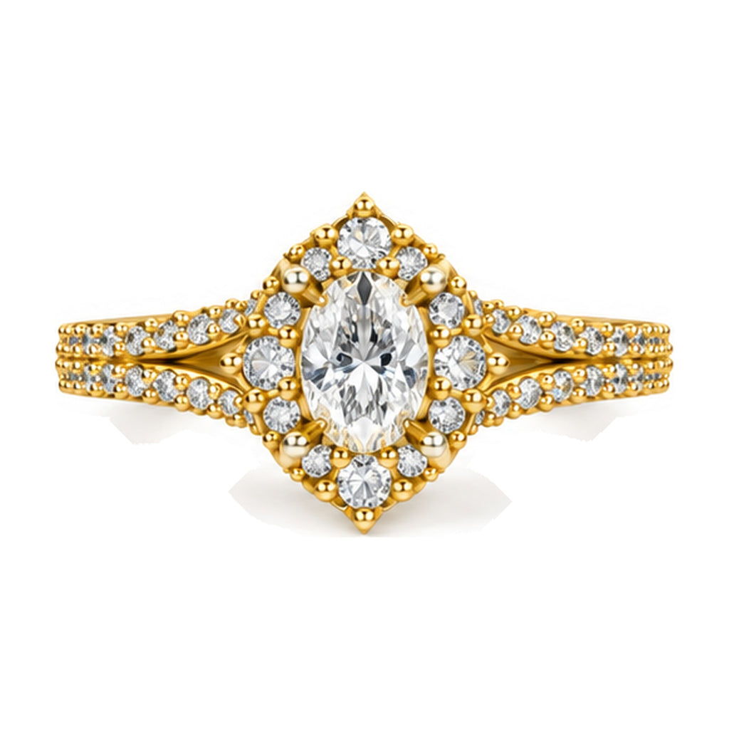 Oval Shield Halo Split Shank Engagement Ring, 0.63 ct front view