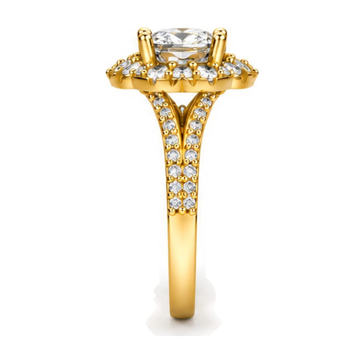 Oval Shield Halo Split Shank Engagement Ring, 0.63 ct side view