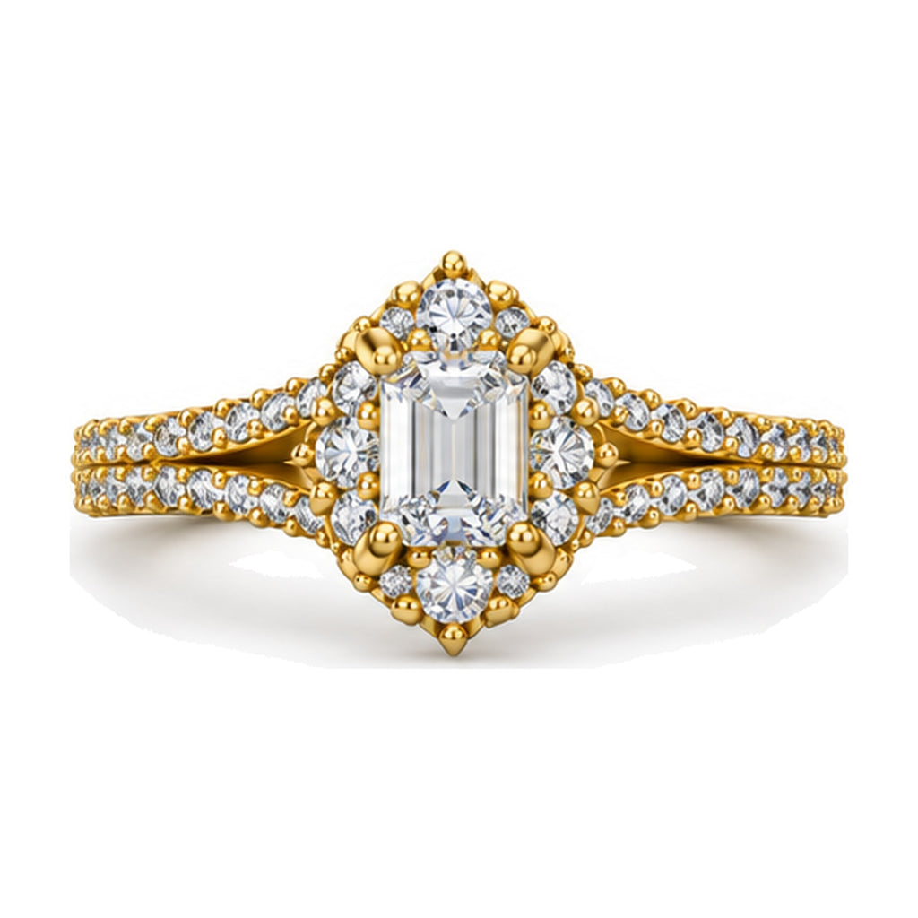 Emerald Cut Shield Halo Split Shank Engagement Ring, 0.63 ct front view