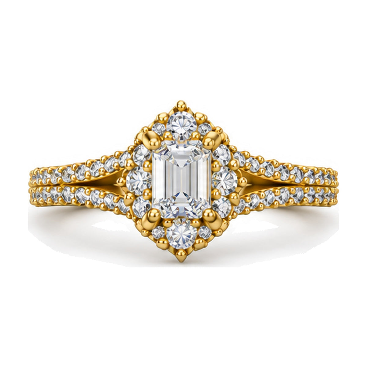 Emerald Cut Shield Halo Split Shank Engagement Ring, 0.63 ct front view