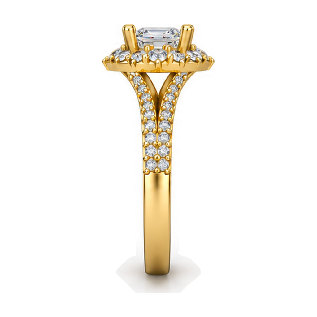 Emerald Cut Shield Halo Split Shank Engagement Ring, 0.63 ct side view