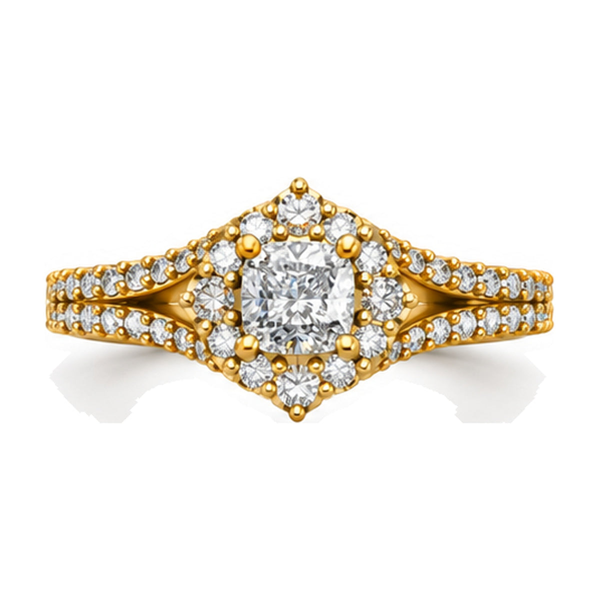 Cushion Shield Halo Split Shank Engagement Ring, 0.63 ct front view