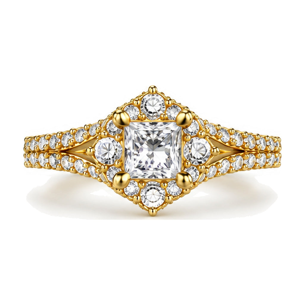 Princess Shield Halo Split Shank Engagement Ring, 0.63 ct front view
