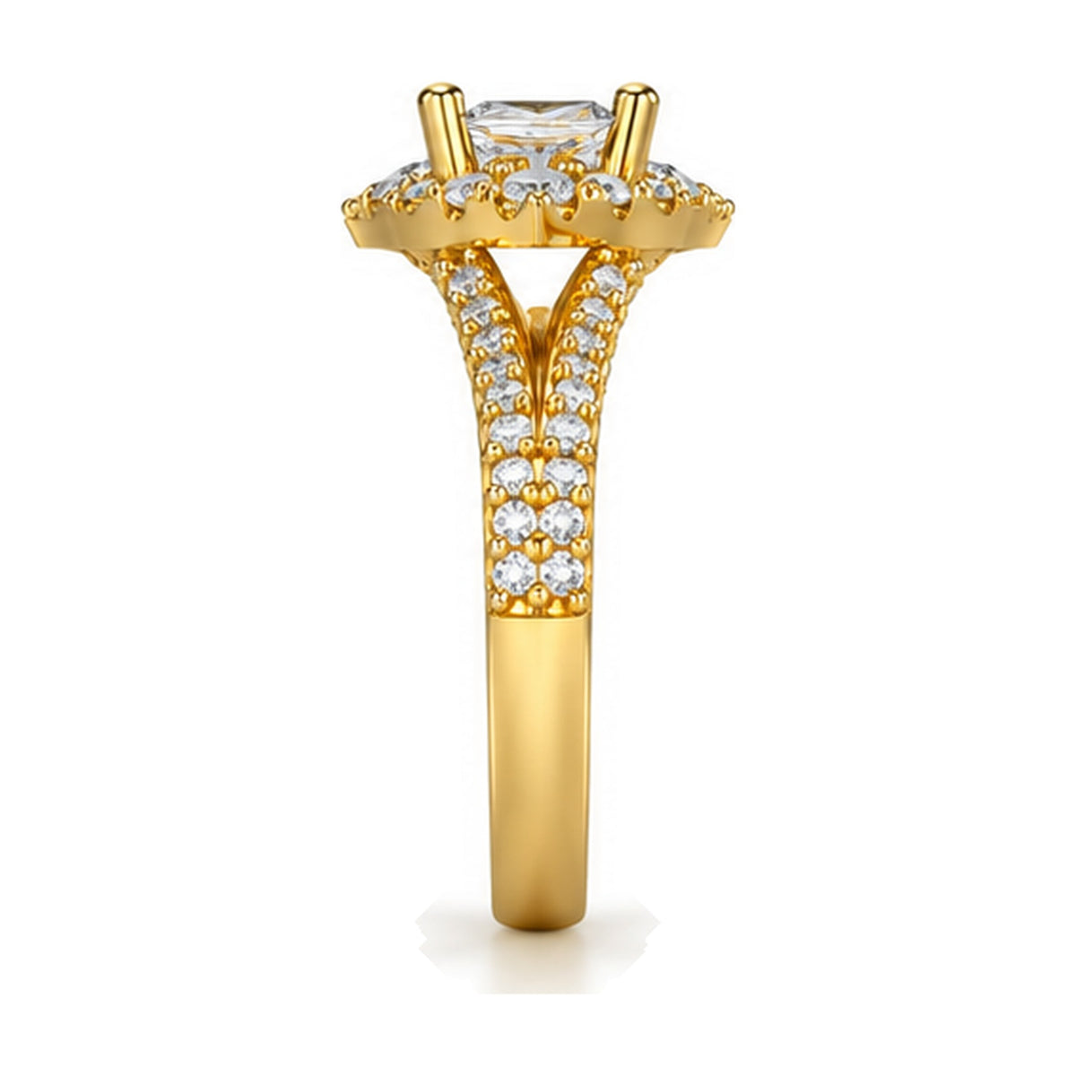 Princess Shield Halo Split Shank Engagement Ring, 0.63 ct side view
