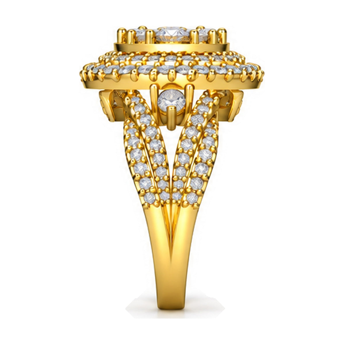 Round Cluster Double Halo Split Shank Engagement Ring, 1.25 ct TW side view