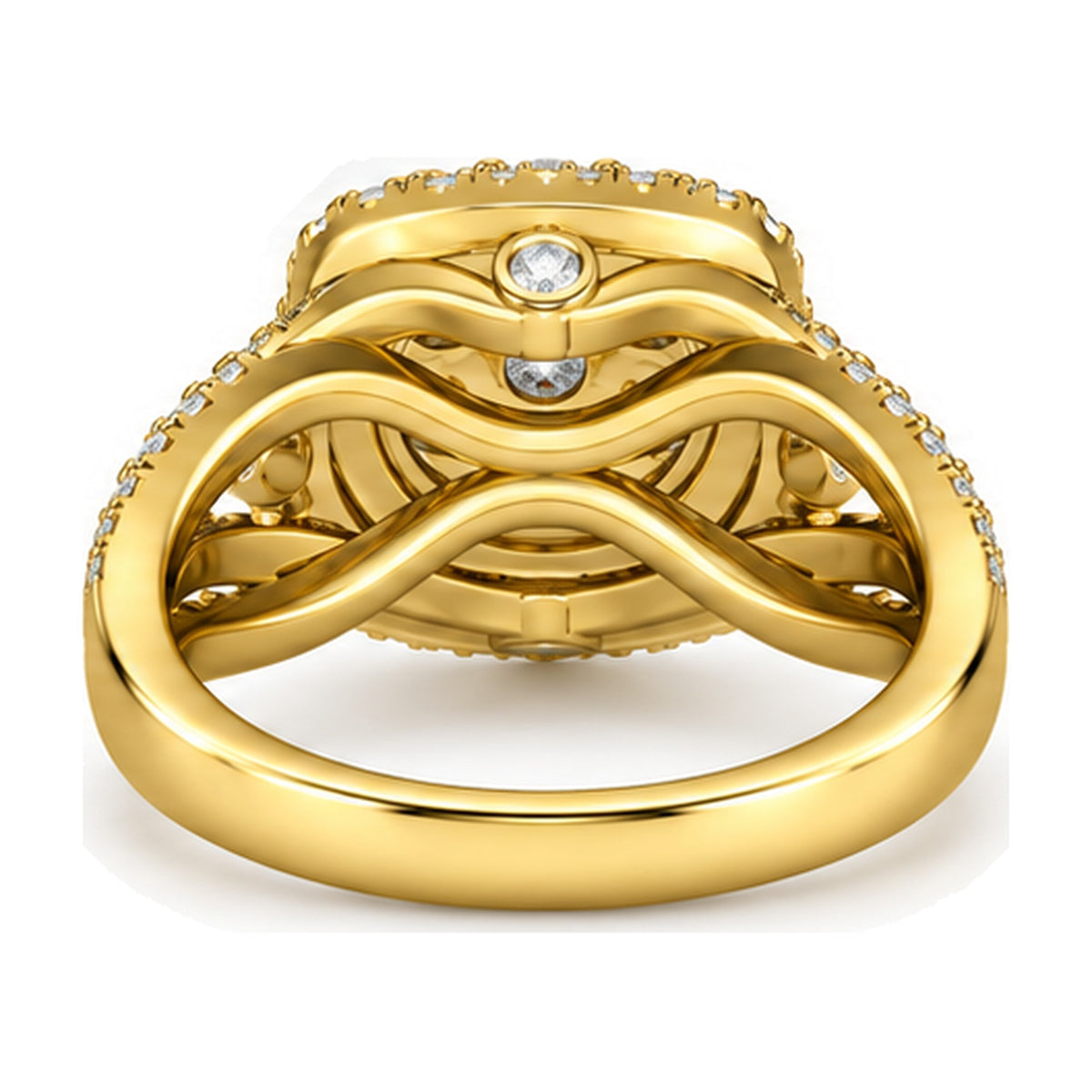 Cushion Cluster Double Halo Split Shank Engagement Ring, 1.25 ct TW back view