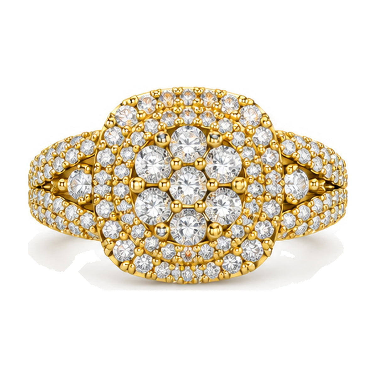 Cushion Cluster Double Halo Split Shank Engagement Ring, 1.25 ct TW front view
