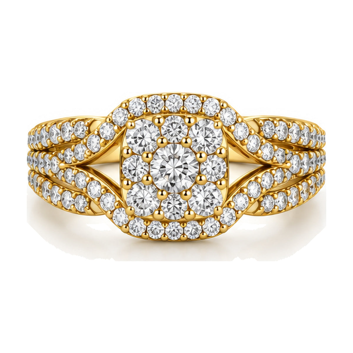 Cushion Cluster Imperial Split Shank Engagement Ring, 1.50 ct TW front view