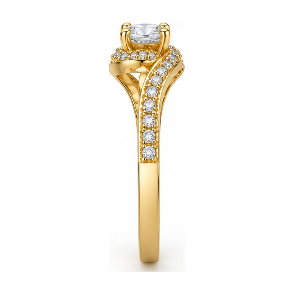 Oval solitaire bypass twist engagement ring side view