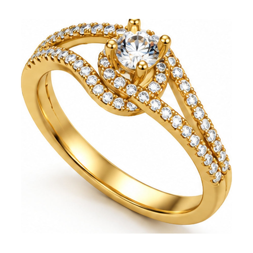 Round halo split shank bypass engagement ring angled view