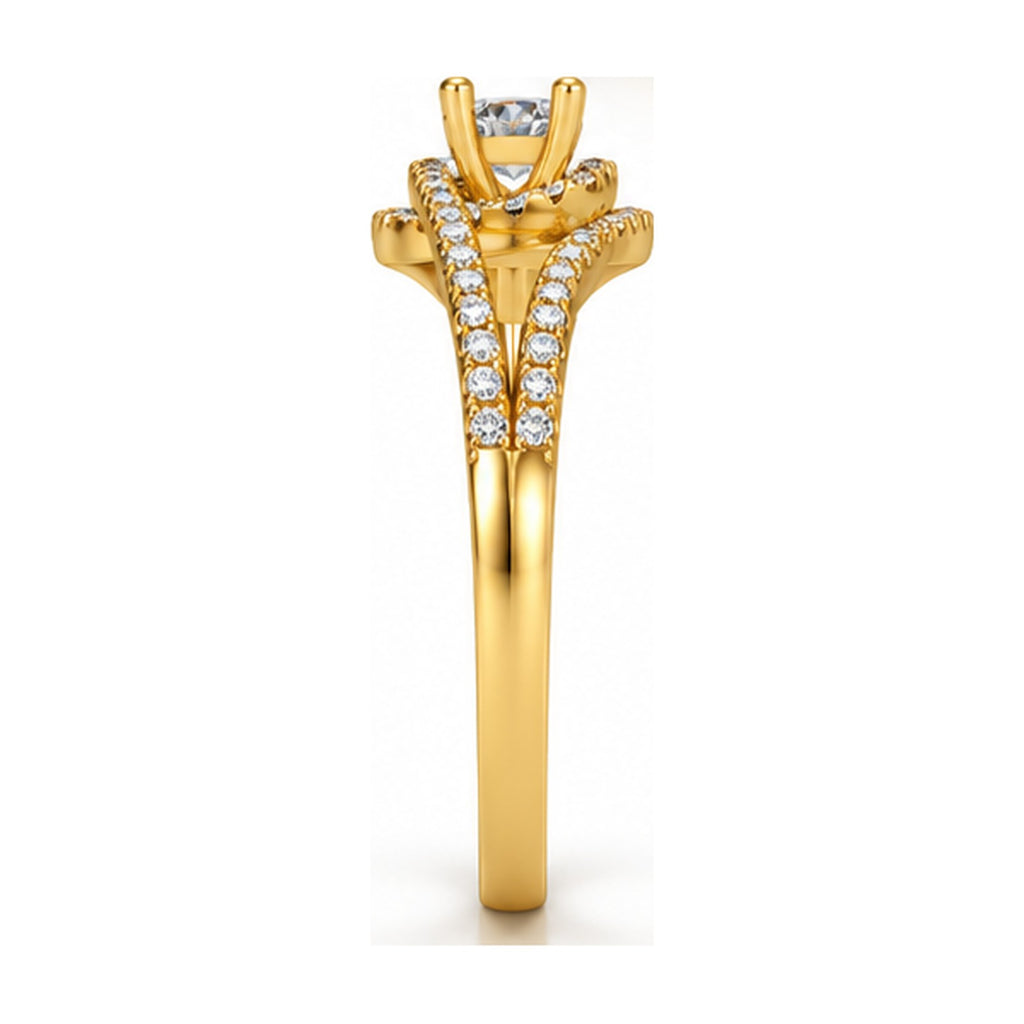 Round halo split shank bypass engagement ring side view